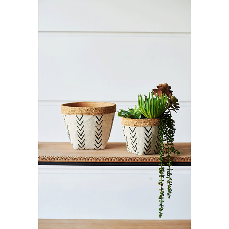 Planter, Set of 2 Cement Planters with V Pattern
