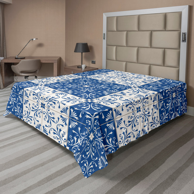Ambesonne Orient Top Flat Sheet Mosaic Motifs, Queen Flat Sheet, Navy/Blue/White Patchwork