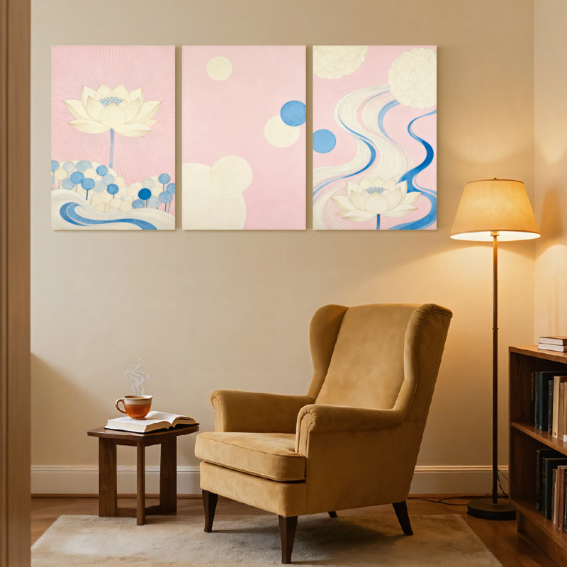 Ensemble de 3 impressions abstraites sur toile de lotus, H 18 po x l 36 po