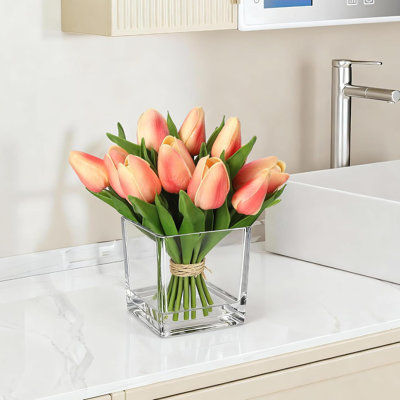 Orange Mini Real Touch Tulips With Glass Vase, 12-Head Faux Flower Centerpiece