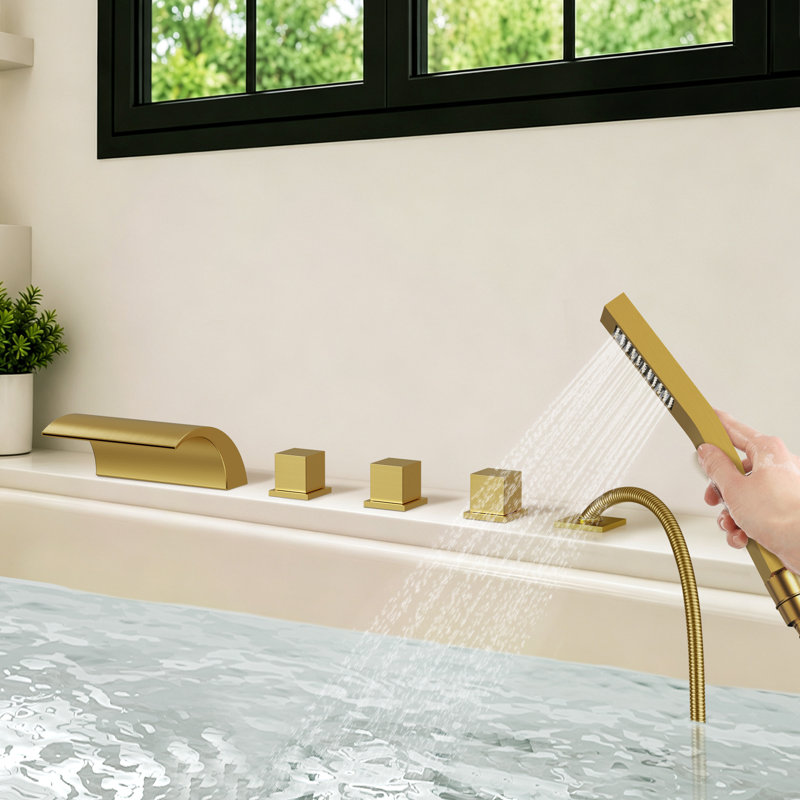 Three-Handle 5-Hole Deck Mount Waterfall Roman Tub Faucet with Hand Shower, Brushed Gold