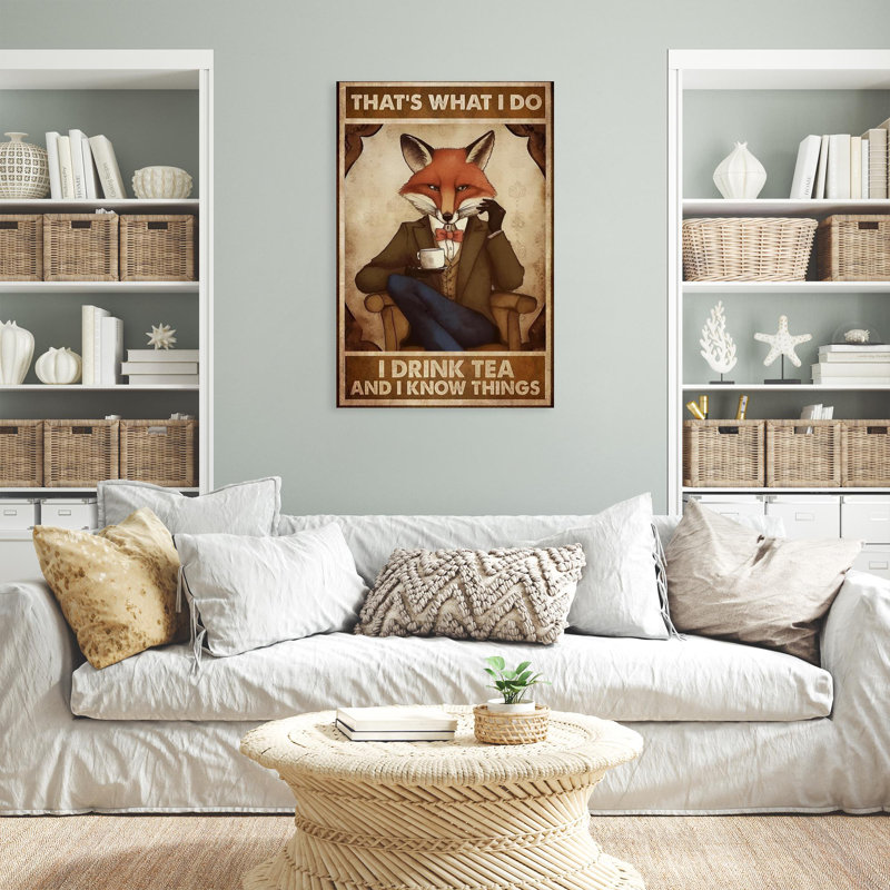 «Fox I Drink Tea», reproduction d'art rectangulaire 1 pièce, «Fox I Drink Tea», reproduction d'art rectangulaire sur toile tendue