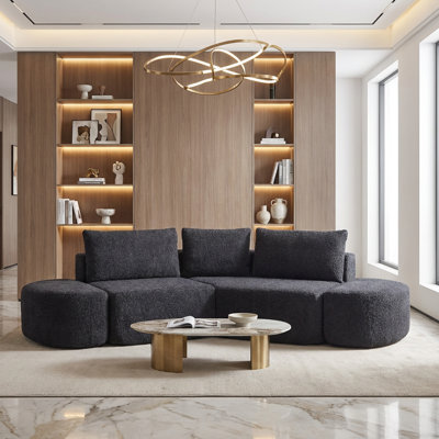 Ensemble de canapé modulaire en forme de V à compression de 106,3 pouces en chenille avec trois coussins décoratifs et deux repose-pieds courbés, noir