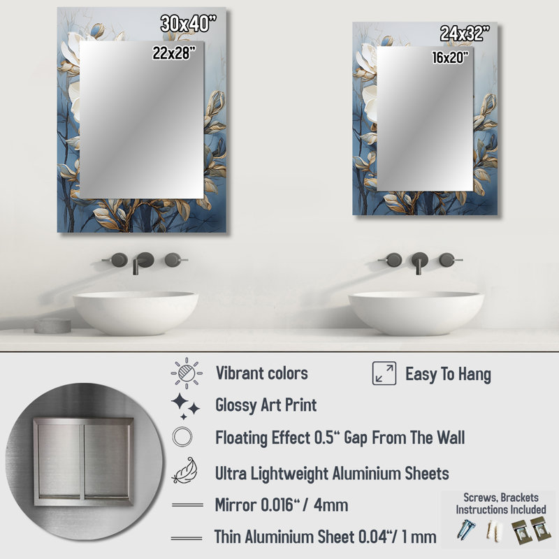 Blue And White Painted Magnolias - Large Wall Mirror On Metal, 32" x 24"