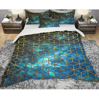 Yellow Cubes over Blue Cosmic Background - Modern Geometric Duvet Cover Set - Microfiber Polyester