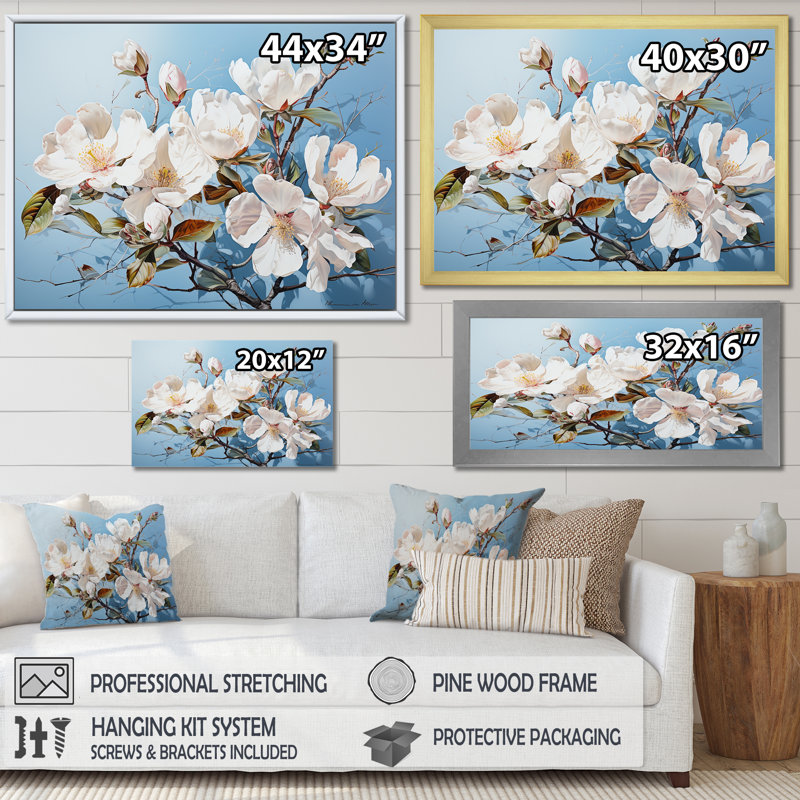 «Magnolias» blanc et bleu I - impression, H 24 po x l 32 po x P 1 po, Cadre flottant doré