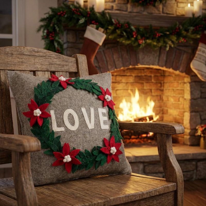 Handmade Pillow In Hand Felted Wool - Love Wreath On Grey - 20", Pillow Cover Only - No Insert