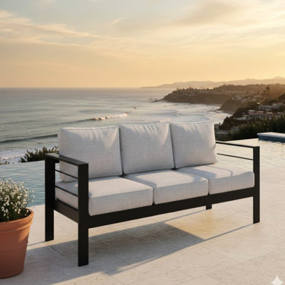 Patio de 73 pouces en aluminium toutes saisons, 3 sièges avec coussins gris épais, structure résistante aux chocs, housses amovibles de 73 po avec structure noire et capacité de 900 lb, sans décoloration