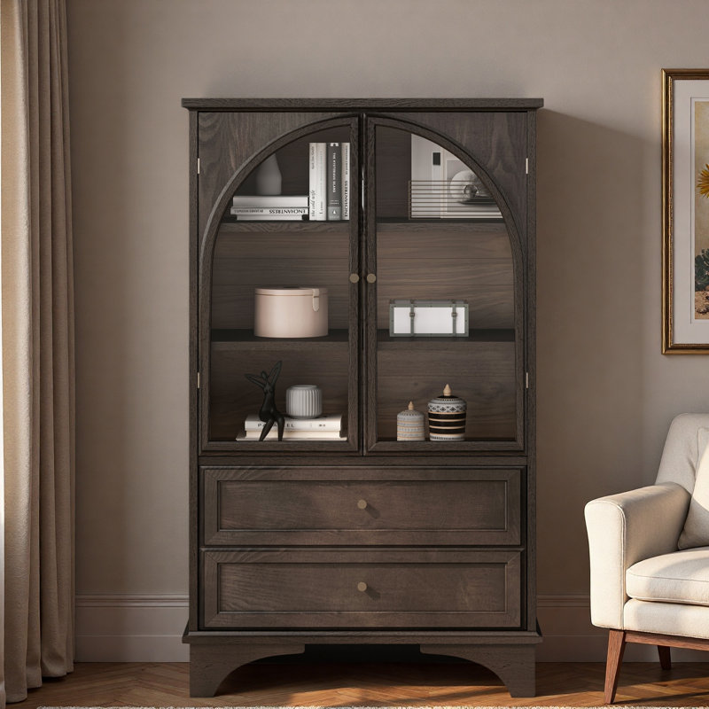 Armoire de rangement vitrée avec 2 tiroirs et tablettes réglables, Brun