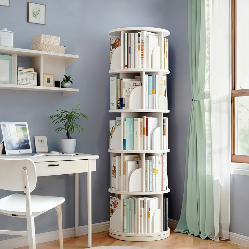 Bibliothèque rotative à 5 niveaux, étagère ronde rotative à 360 °, peu encombrante, petite bibliothèque rotative pour chambre à coucher, salon, maison, bureau