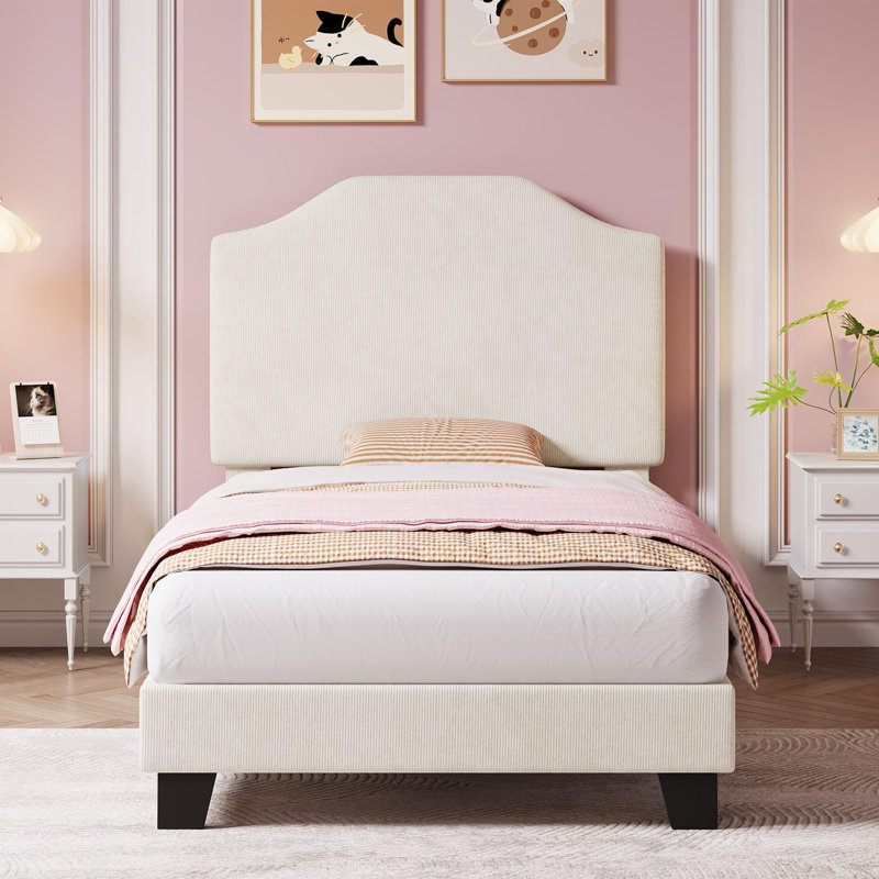 Structure de lit simple pour enfants, revêtement en velours côtelé avec tête de lit réglable, plateforme robuste, sans sommier