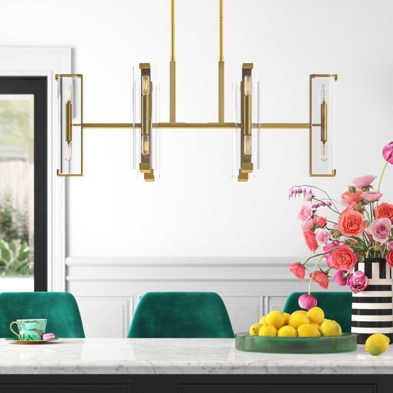 Warm Brass 12-Light Linear Chandelier with Clear Glass Shades