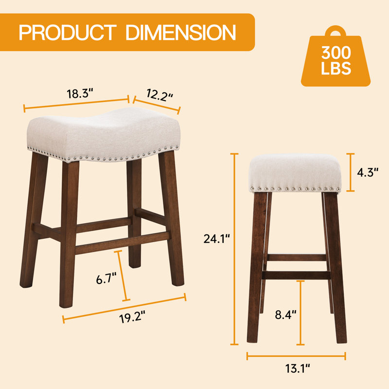 Backless Saddle Counter Height Bar Stool Set of 3 Nailhead Trim Linen Fabric for  Kitchen, Dining Room, Cafe