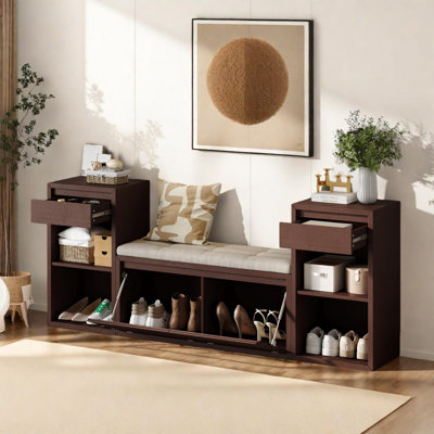 Entryway Storage Bench With Cushion, Drawers, Shelves And Flip-Down Shoe Storage