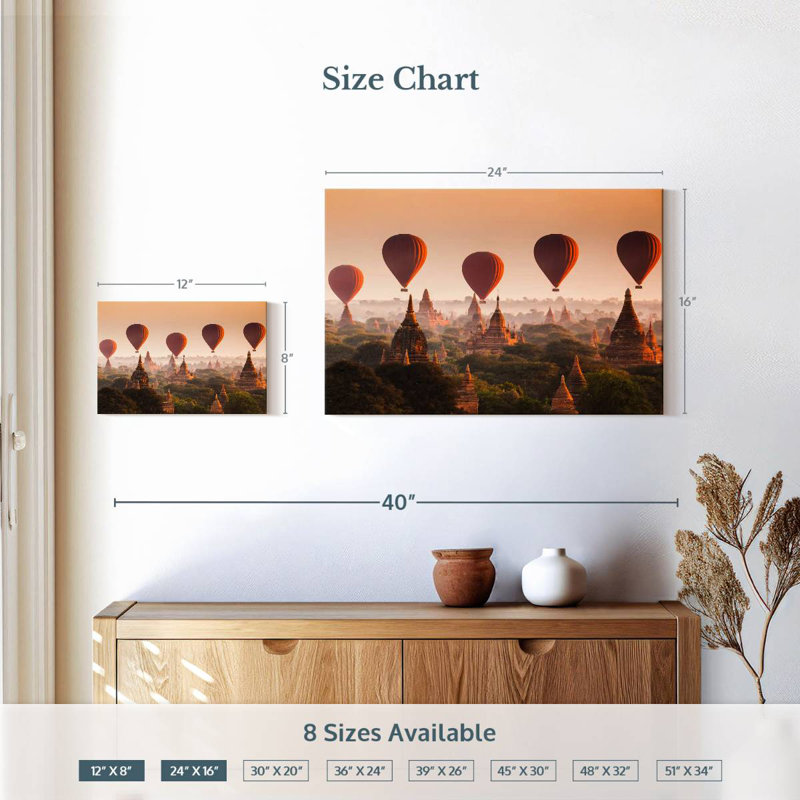 Ballons Mehar au-dessus des tempes de Bagan, H 16 po x l 24 po