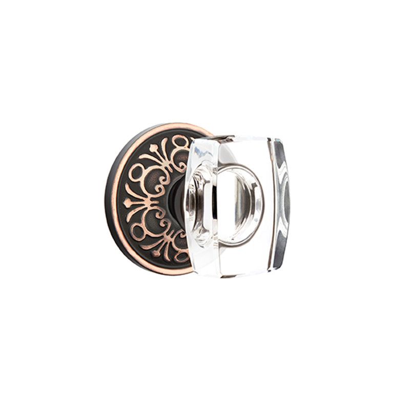 Ensemble de boutons de passage Emtek avec rosette Lancaster et bouton en verre Windsor, Bronze frotté à l'huile