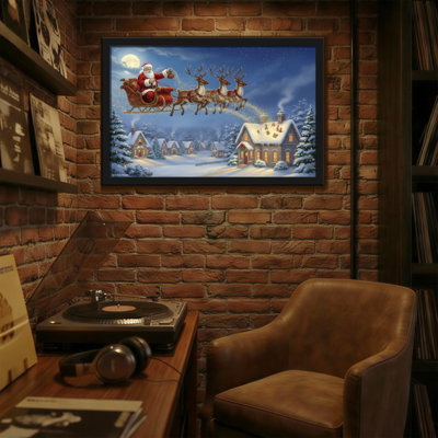 Noël père Noël survolant un village enneigé