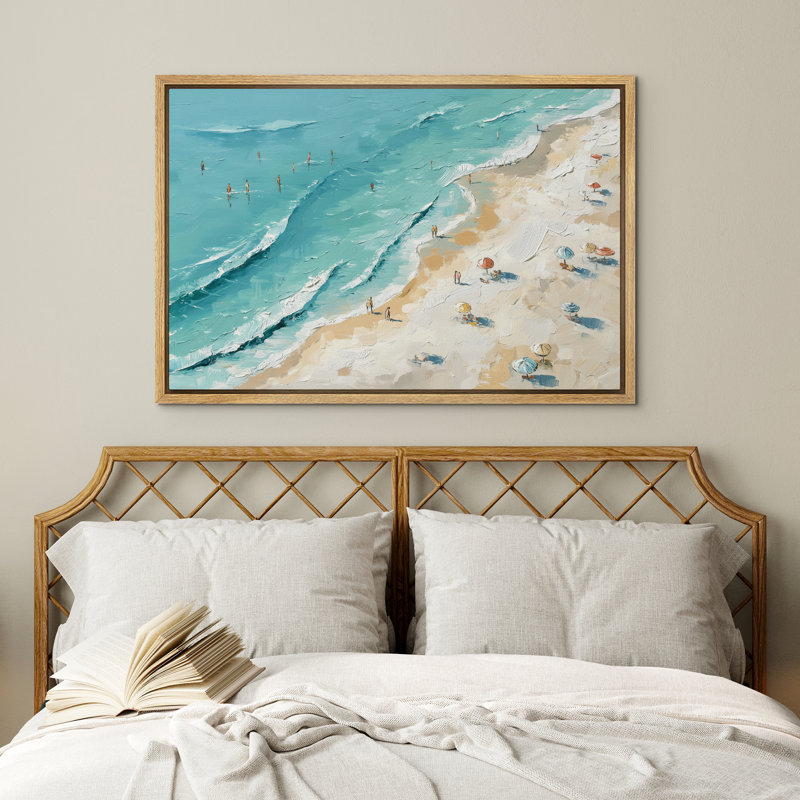 Vue aérienne de la plage d'été, vagues et parapluies, vue sur la mer, H 24 po x l 36 po x P 1,5 po, Naturel