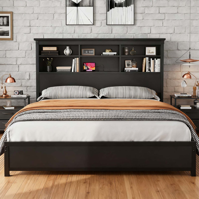 Full/Queen/King Bed Frame with Bookcase Headboard & Charging Station, Under Bed Storage, Black, Full