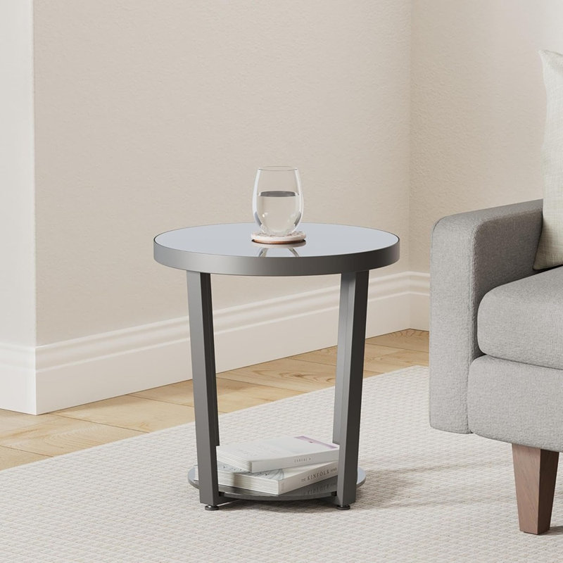 Table de bout en verre trempé - Petite table basse à cadre en métal noir pour le salon, le balcon ou la chambre à coucher