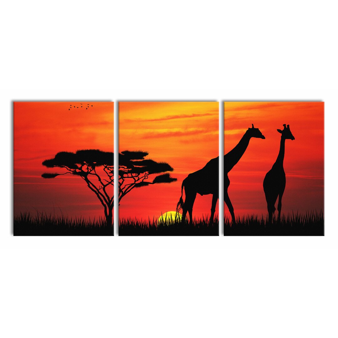 3-tlg. Leinwandbilder-Set Afrika Giraffen im Sonnenuntergang in Rot