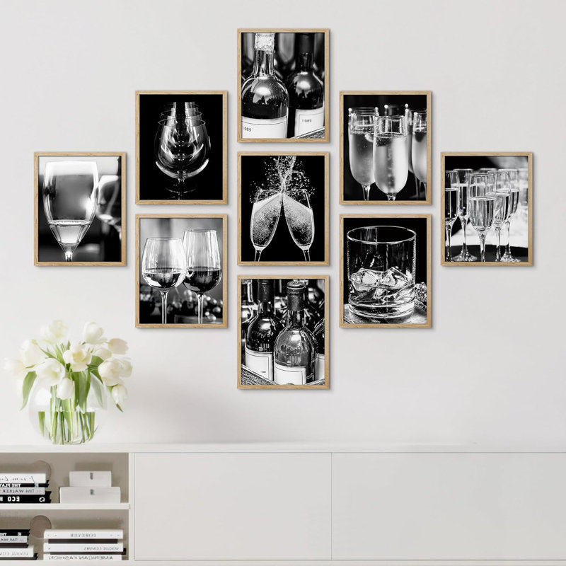 «Black White Wine Champagne Glass Food Drinks Minimal Culinaire Celebrations», impression sur papier, Naturel