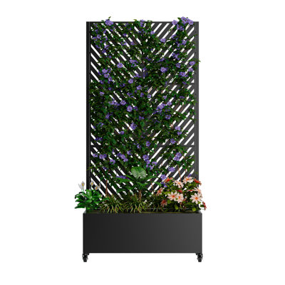 Metal Planter Box With Trellis,  73"X35"X16 Metal Raised Garden Bed With Trellis, Metal Planter Box With Drainage Holes & Lockable Wheels & Privacy Screen For Climbing Plants, Vegetables, Vines