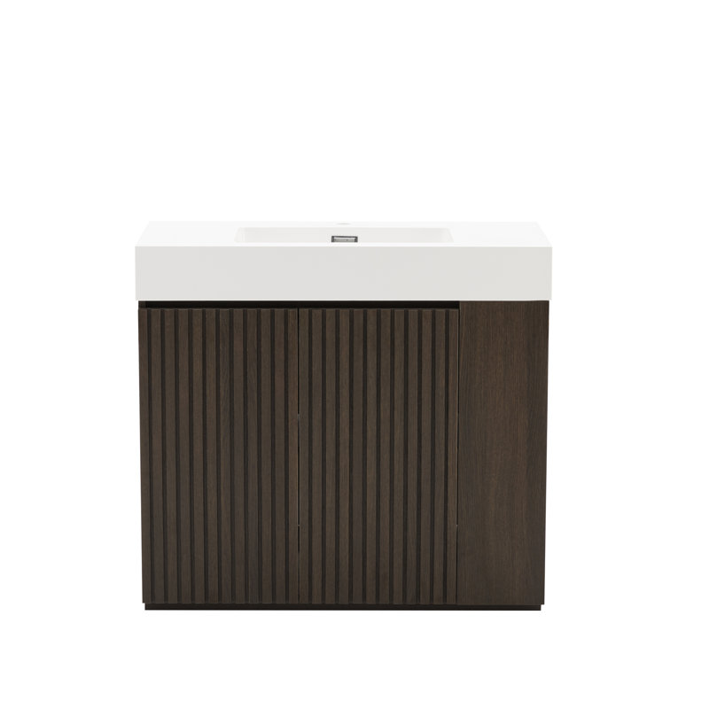 Meuble-lavabo autoportant en chêne fumé 36 po avec armoires à deux portes, tablettes réglables, charnières silencieuses, convient aux décors de salle de bain sans joints, finition multicouche à fermeture en douceur, style
