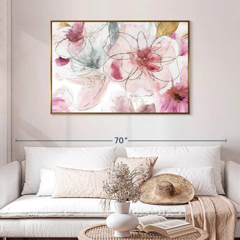 Joli floral en rose I, 46 po x 31 po, Cadre flottant doré