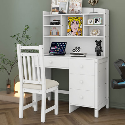Ensemble de bureau de direction 40 po et chaise rembourrée avec bibliothèque, bureau d'ordinateur à quatre tiroirs, tablette de rangement et chaise