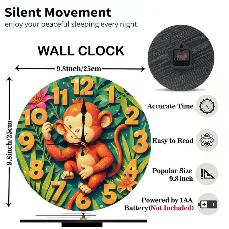 Cute Monkey Wall Clock, Green/Yellow Monkey