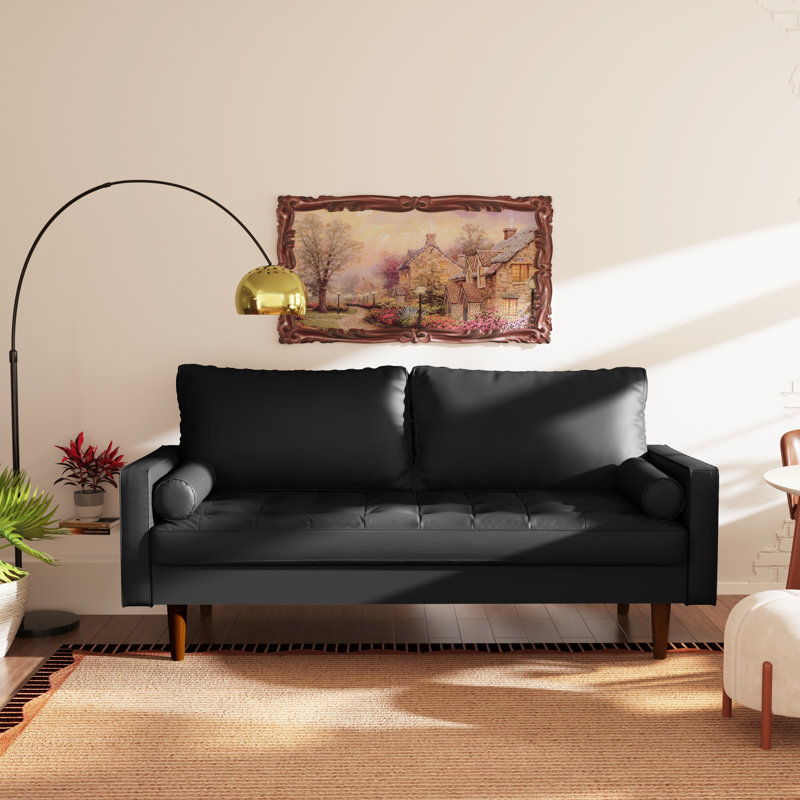 Covington 70'' Faux Leather Square Arm Sofa, Black Faux Leather