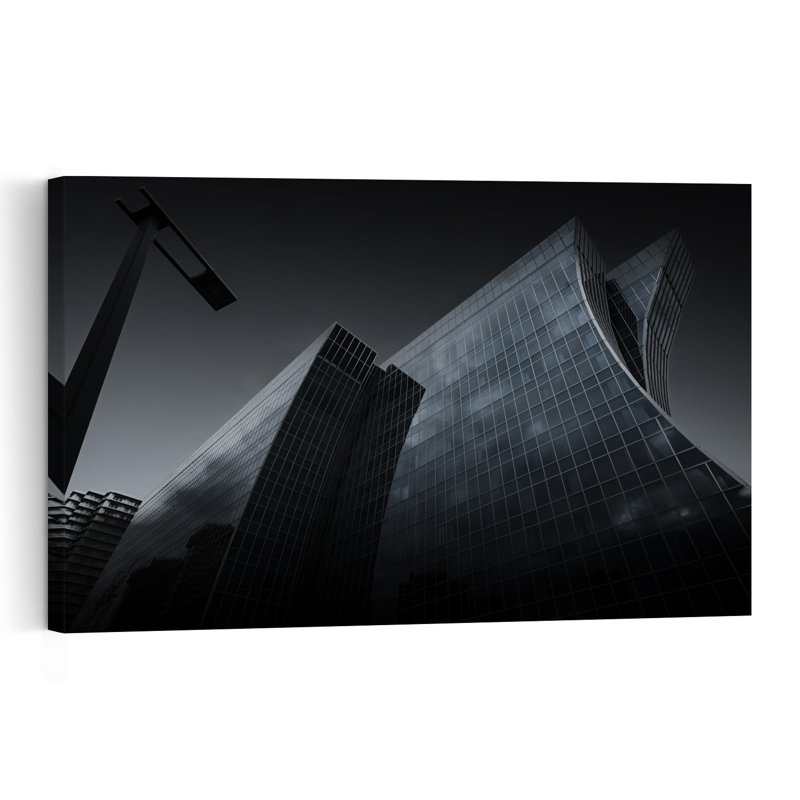 Affiche d'art mural représentant une architecture moderne sombre, abstraite et géométrique contemporaine., H 32 po x l 48 po