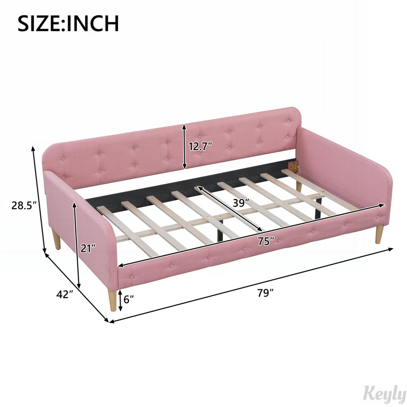 Upholstered Daybed with 4 Support Legs, Pink