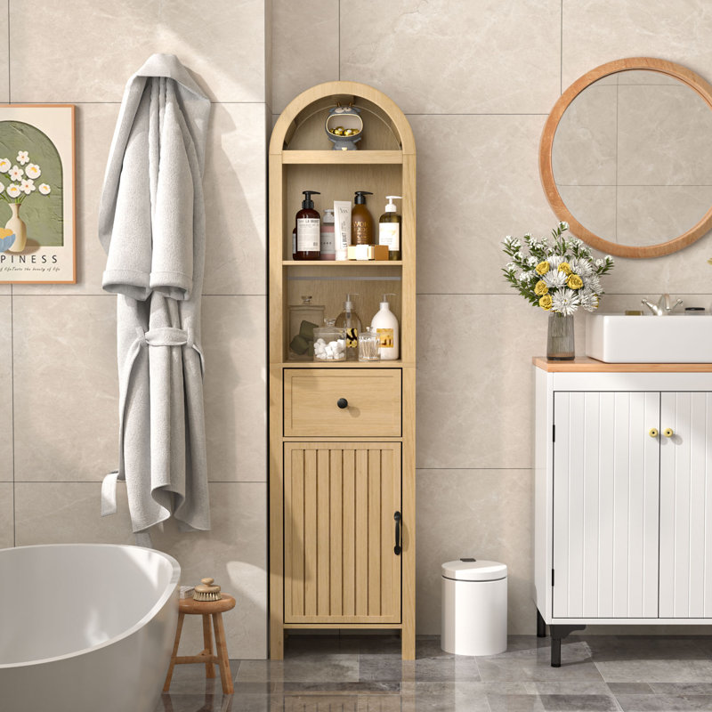 Freestanding Bathroom Cabinet, Narrow Tall Bathroom Storage Cabinet With Fluted Doors And Drawers, Walnut
