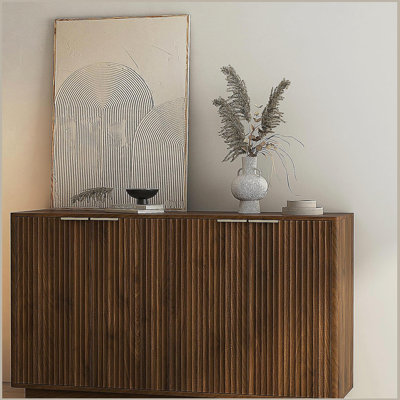 Buffet en bois moderne avec rangement, grand buffet cannelé avec tablettes réglables, crédence, console d'appoint