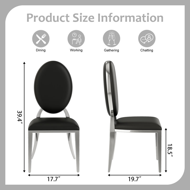 Modern Dining Chair Set, Oval Backrest Faux Leather Upholstery And Polished Stainless Steel Legs, 6, Black/Silver
