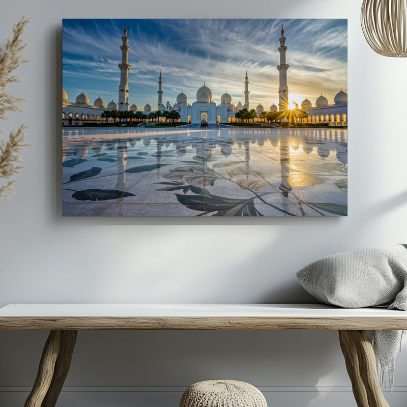Toile, mosquée au coucher du soleil, H 9 po x l 12 po