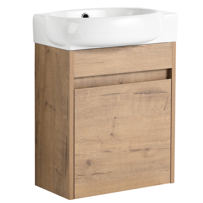 Petit meuble-lavabo mural compact de 40 cm avec portes à fermeture amortie, vasque en céramique incluse.