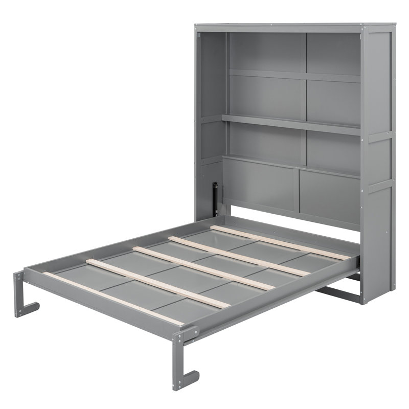 Grand lit mural gris avec tablettes spacieuses, support de matelas pour un repos confortable, rangement à deux couches de qualité industrielle, chambres d'amis idéales et mécanisme de pliage facile à utiliser