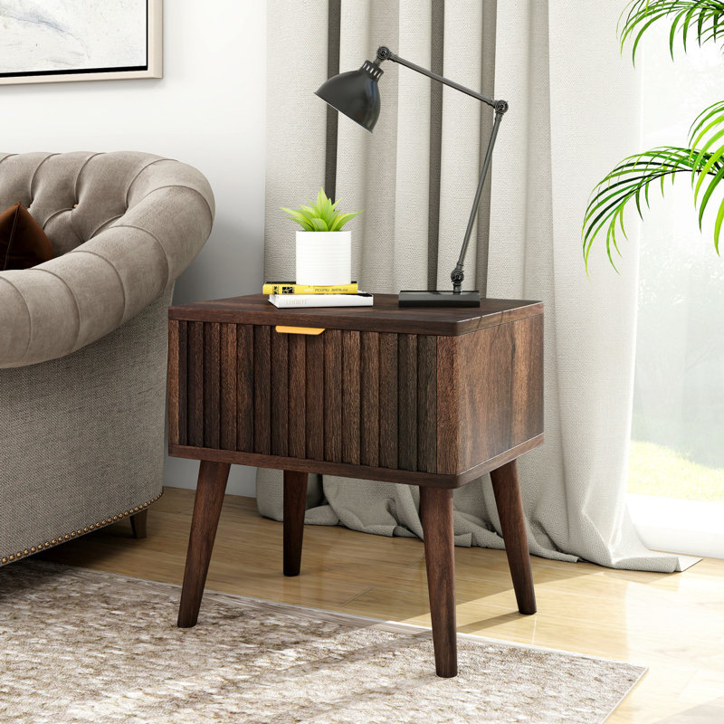 Table de chevet vintage en bois avec tiroir, Ensemble de 2
