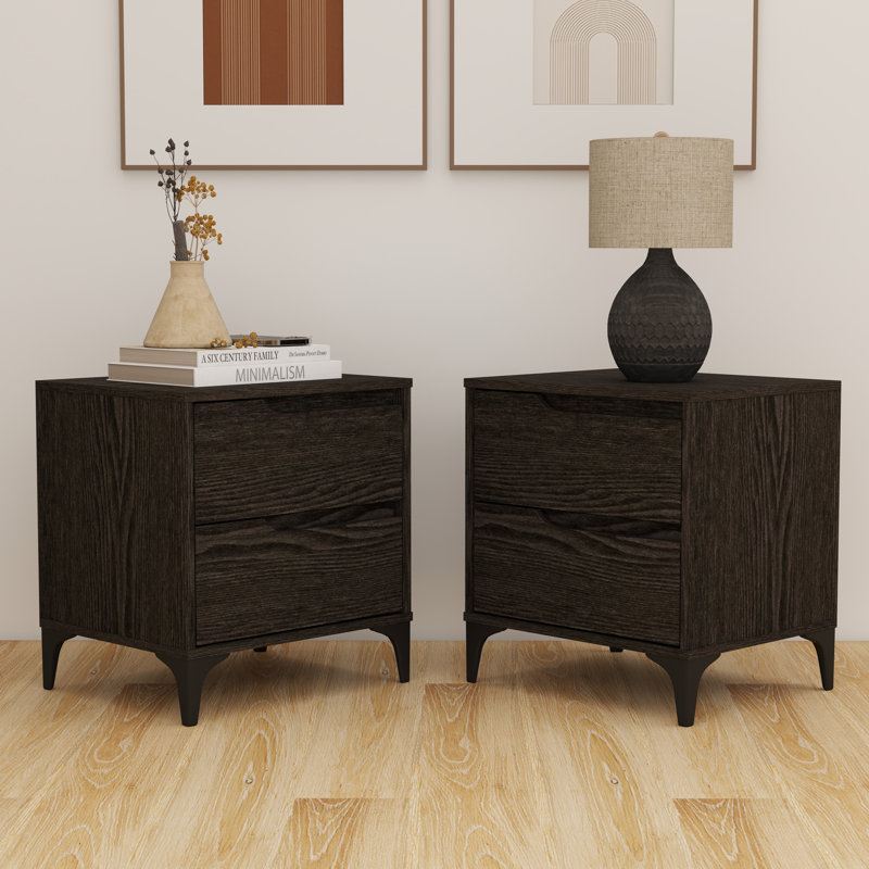 Norcross Contemporary 20.3" 2 Drawer Nightstand with Tapered Legs, Dark Gray Oak