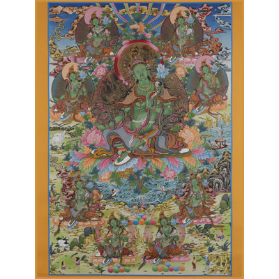 «Tara verte - déesse de la protection et de la prospérité», peint à la main Thangka | Toile de coton H 36,2 po x l 24,4 po avec feuille d'or véritable 24 carats