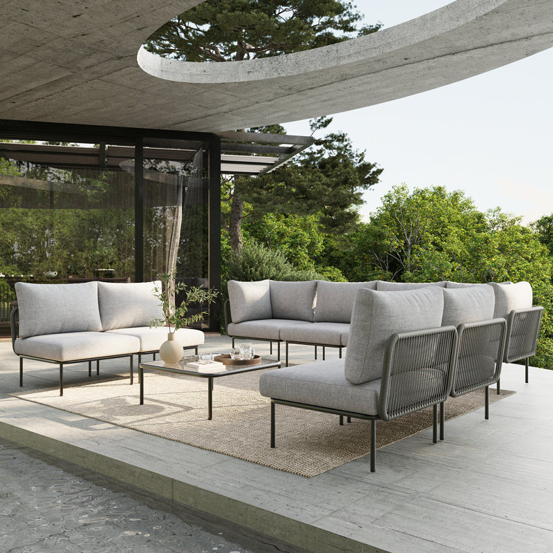 Ensemble de meubles de patio en aluminium 9 pièces Ebern Designs, canapé modulaire moderne avec table basse et coussin épais