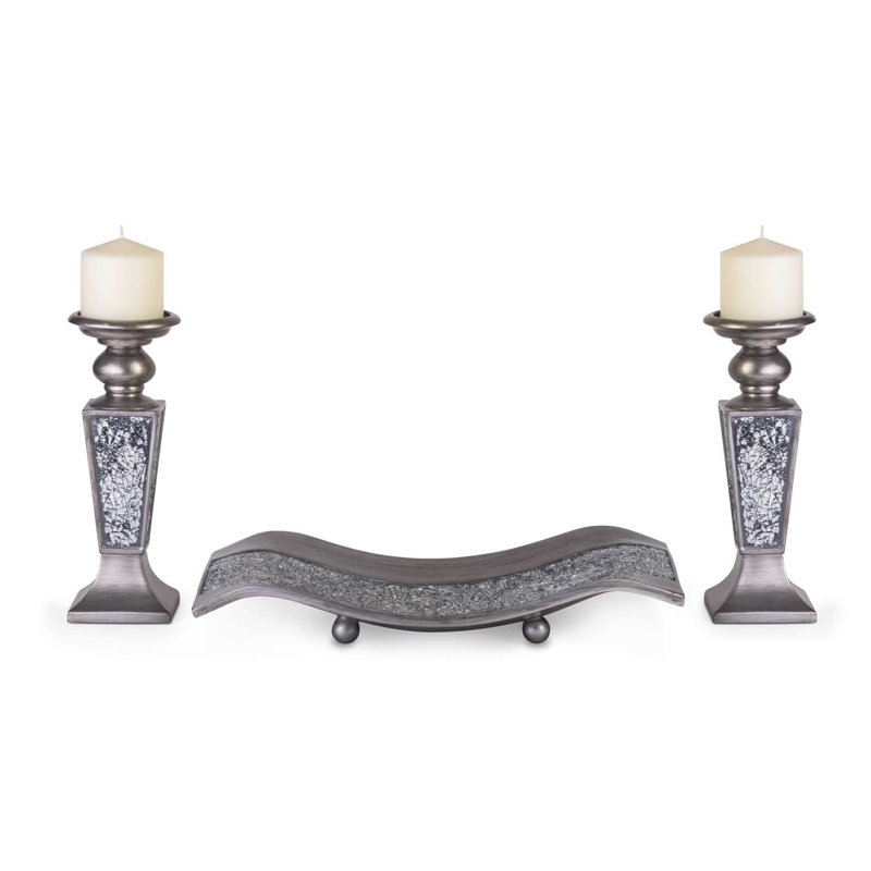 Silver Crackled Mosaic Polyresin Candlestick Set