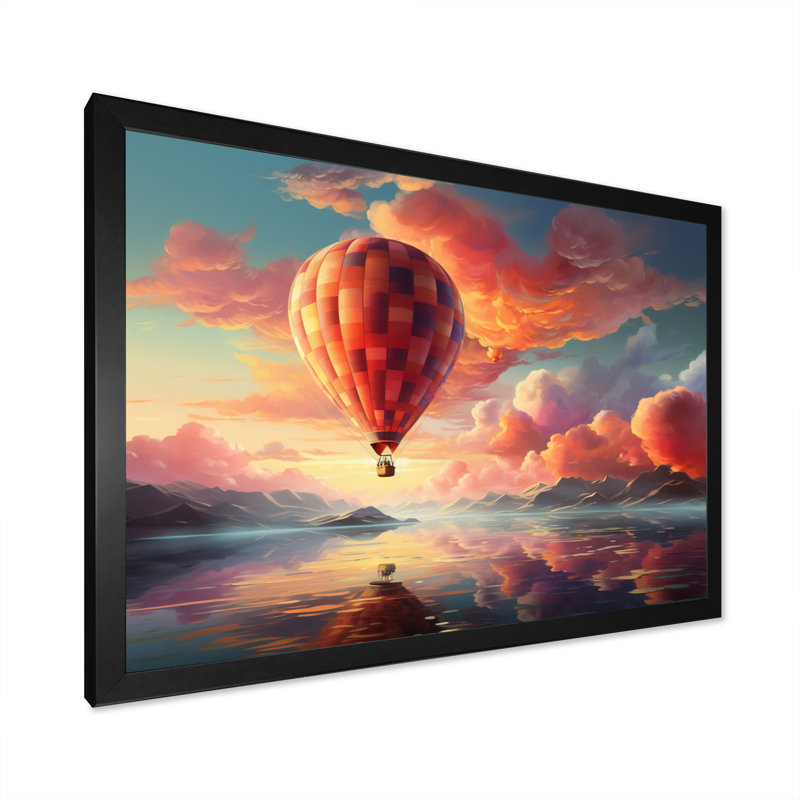 Peach Hot Air Ballon Atmospheric I - Transportation Canvas Wall Art, H 12 po x l 20 po x P 1 po, Cadre photo noir