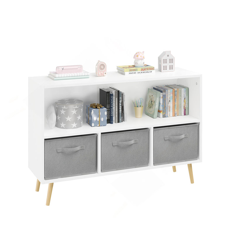 Bibliothèque moderne et multifonctionnelle avec tiroirs en tissu à trois compartiments, idéale pour un rangement organisé et élégant.