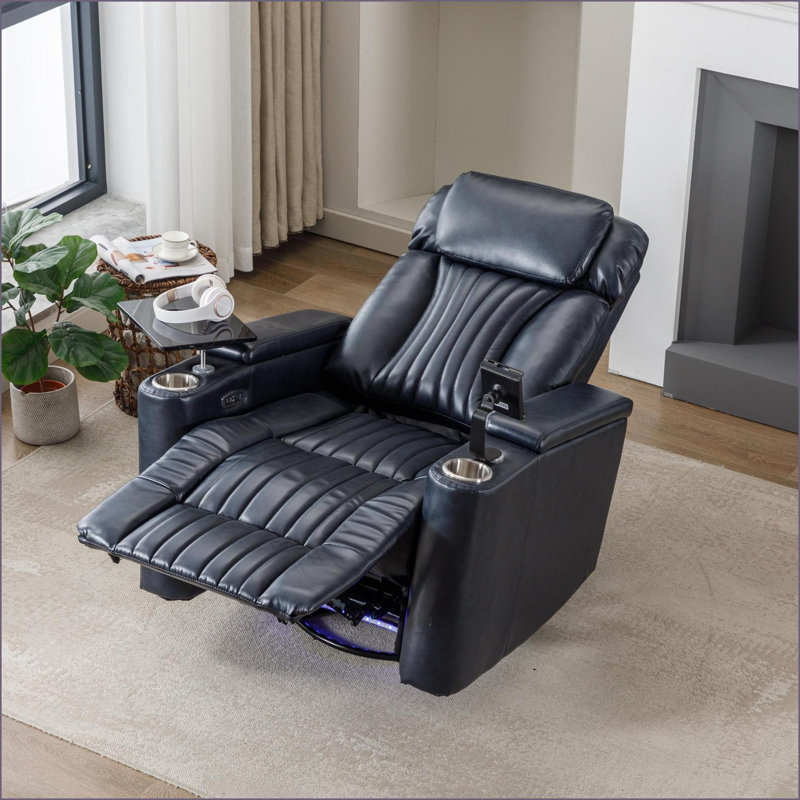 Siège de cinéma inclinable électrique inclinable avec rangement à bras cachés, lumières DEL, porte-gobelets, plateau pivotant | Bleu marine | Cuir PU