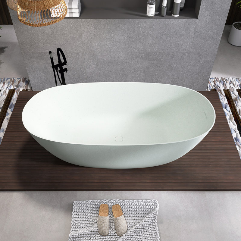 69'' Modern Freestanding Bathtub Resin Stone Soaking Bathtub Solid Surface Tubs With Overflow And Pop-Up Drain,Matte White