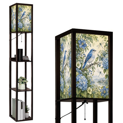 Lampadaire DEL à intensité variable, motif hibiscus et feuilles vertes, structure en MDF, télécommande, 3 couleurs d'éclairage, idéal pour le salon ou la chambre.